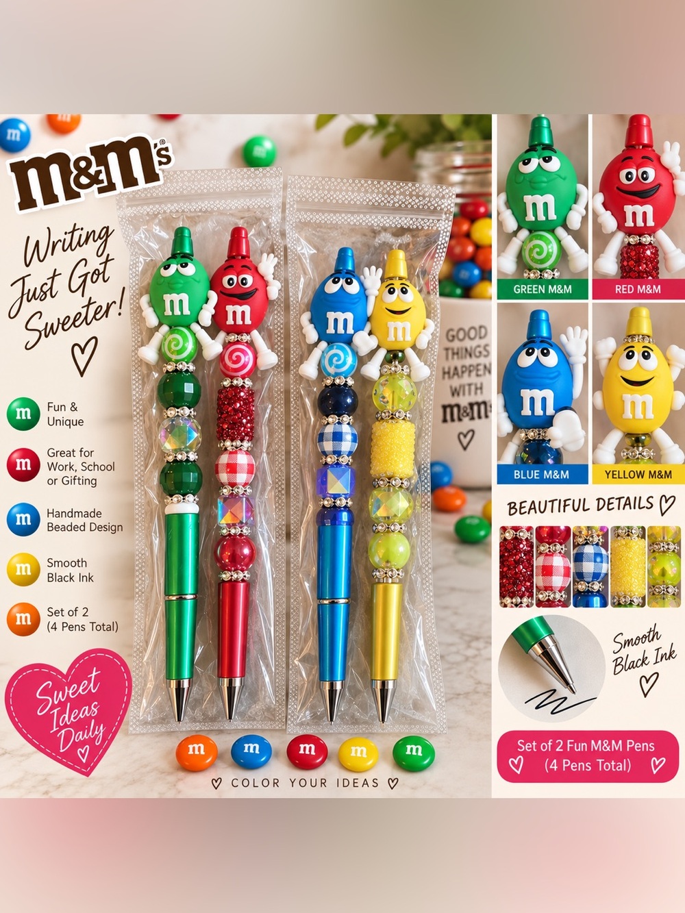 M&M'S Beaded Character Pen Set - Green, Red, Blue, Yellow